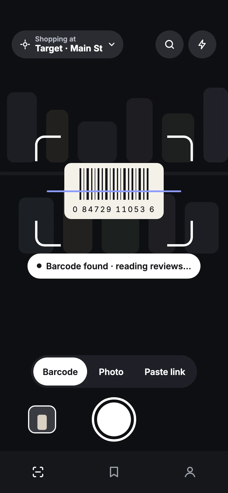 The Scan screen reading a barcode.