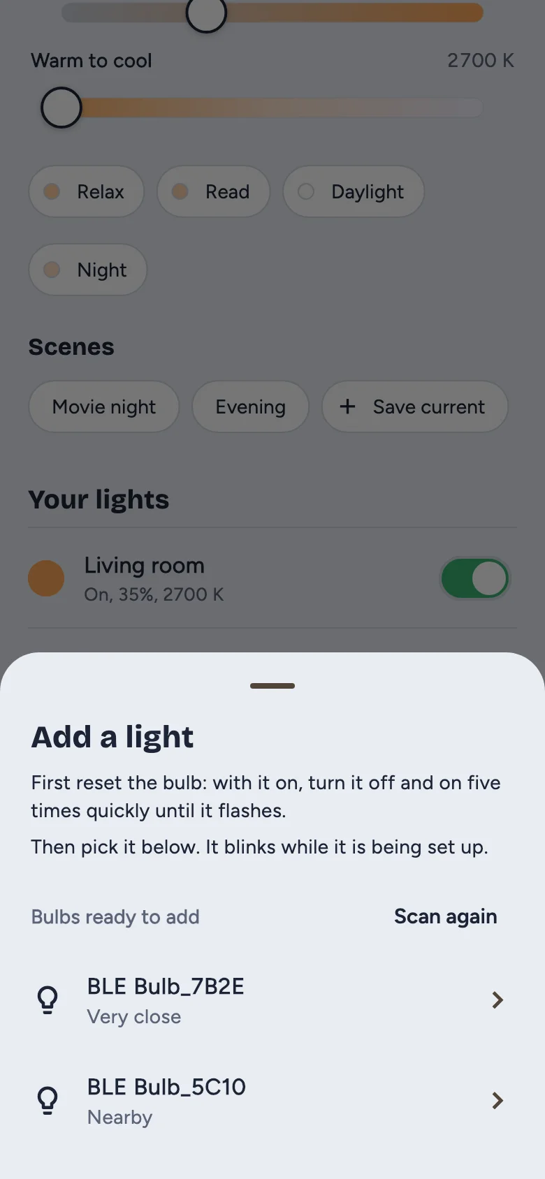 The Add a light sheet, listing two reset bulbs ready to add with their signal strength.