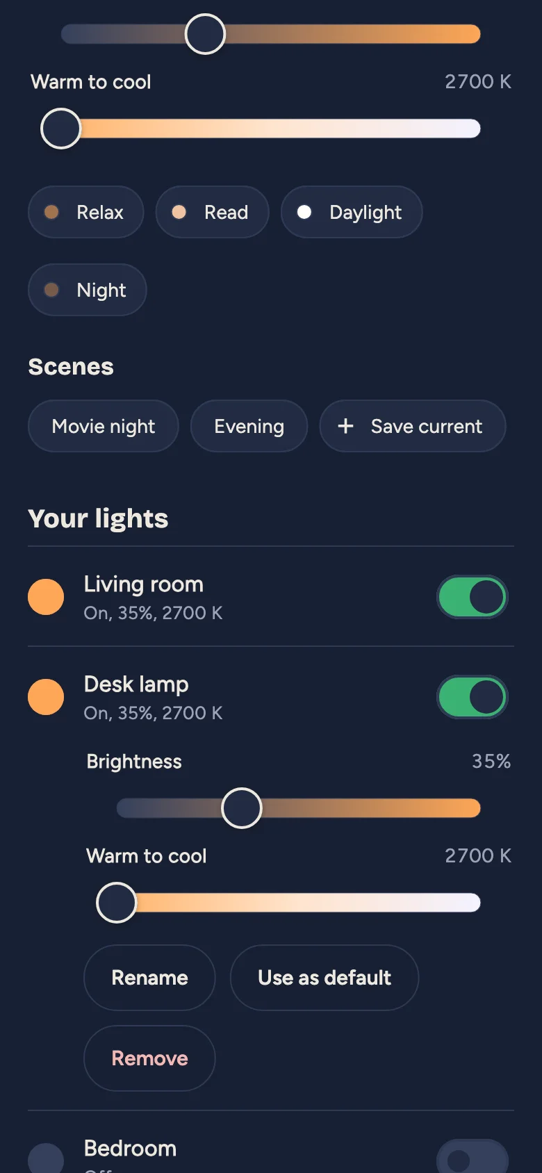 The light list in dark mode, with the desk lamp opened to show its own sliders and actions.